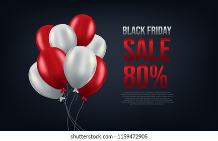Black Friday with red and white balloons with 80% discount