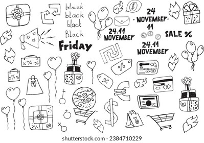 Black Friday Related Doodle Illustration.Cute handdrawn doodles.Modern Design Vector Illustration for Web Banner,Website Header,textile, business card, poster, label, print, scrapbooking,sticker etc