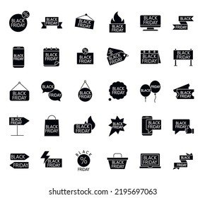 Black friday related filled vector icon set. Discount line icons,  Shopping, Sale, Hot offer 