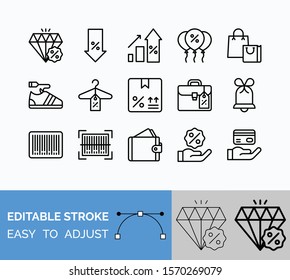 black friday related to gift box, shopping bag, bell, shoe, hanger, wallet, qr code, and briefcase vector in lineal style