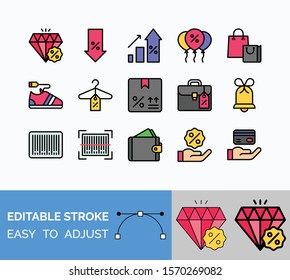 black friday related to gift box, shopping bag, bell, shoe, hanger, wallet, qr code, and briefcase vector in filled style
