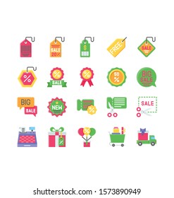 black friday related gift trolley, sale tag, tickets, badges, bill machine, gift box, gift balloons, gift van, and 
big sale messages vector in flat design