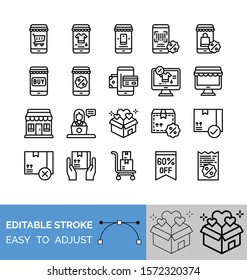 black friday related mobile, computer, bill, gift boxes, shopping mall, t shirt, shopping bag, trolley, character, and qr code vector in lineal style
