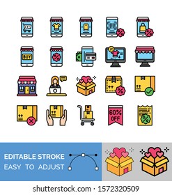 black friday related mobile, computer, bill, gift boxes, shopping mall, t shirt, shopping bag, trolley, character, and qr code vector with editable stroke