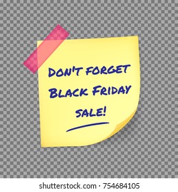Black Friday reminder message on yellow sticker notepaper isolated on transparent background