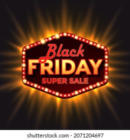 Black Friday retro light frame. Promotional marketing discount event. Design element for sale banners, posters, cards. Vector ad illustration