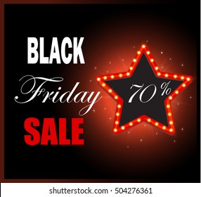 Black Friday retro light frame. Sale 70  off discount. Vector illustration