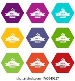 Black friday ribbon icon set many color hexahedron isolated on white vector illustration