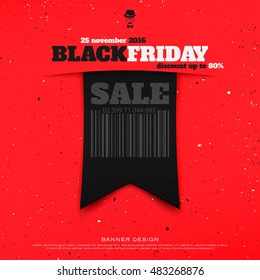 black friday ribbon label over red background. vector, advertising banner template. november, special sale, promo poster design. black discount tag, ad sticker, promo badge