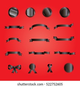 Black Friday. Ribbon. Set of black ribbons, tags, ribbon banners, bow tie and labels. Black ribbons set for Black Friday. Sale advertising design. Vector sticker, ribbon icon, price tag red background
