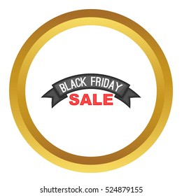 Black friday ribbon vector icon in golden circle, cartoon style isolated on white background