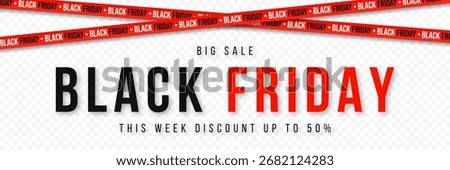 Black Friday ribbons. Crossed red ribbons and tapes with text on a transparent background. Black Friday big sale banner with text. Vector
