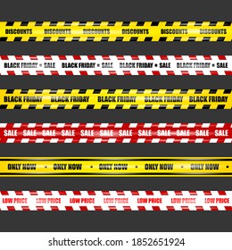 Black Friday ribbons, realistic seamless tapes with highlights on a black isolated background, vector illustration