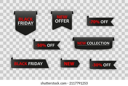 Black friday ribbons tags badges and labels isolated on white background