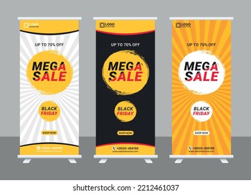 Black Friday roll up and x banners templates, Roll up banner design template for black Friday sales offers and discounts vector banner