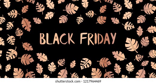 Black Friday rose gold copper foil sale text vector with hand drawn white leaves on black background. Shiny metallic Black friday lettering. Special offer advertising for flyer, poster, banner, prints