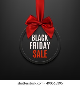 Black Friday round banner with red ribbon and bow, on black background. Brochure or banner template. Vector illustration.