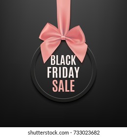 Black Friday round banner with red ribbon and bow, on black background. Brochure or banner template. Vector illustration.