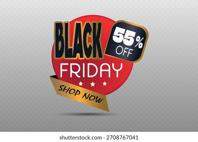Black Friday round label with gold ribbon and bold font.