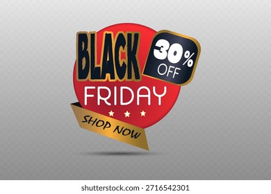 Etiqueta redonda Black Friday con cinta dorada y fuente en negrita.