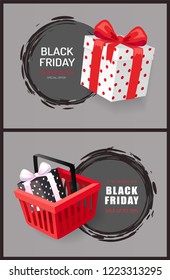 Black Friday round labels, hot November total sale event with discounts. Price tags with shopping cart and gift box vector web page template, text