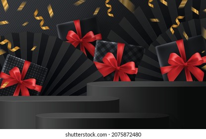 Black Friday round podium gift box, red ribbon and gold  Floating Ribbon with craft style on background.