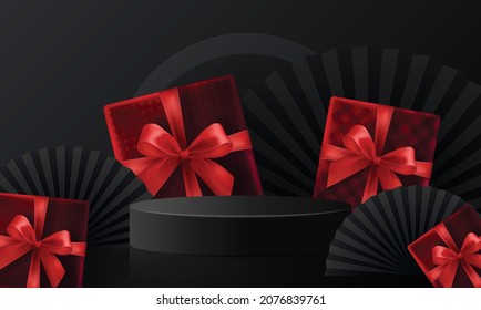 Black Friday round podium gift box, red ribbon and gold  Floating Ribbon with craft style on background.