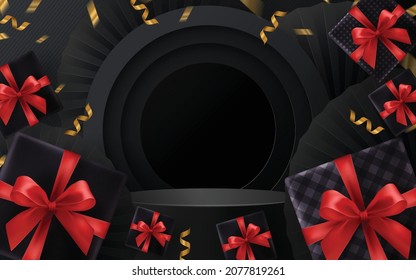 Black Friday round podium gift box, red ribbon and gold  Floating Ribbon with craft style on background.