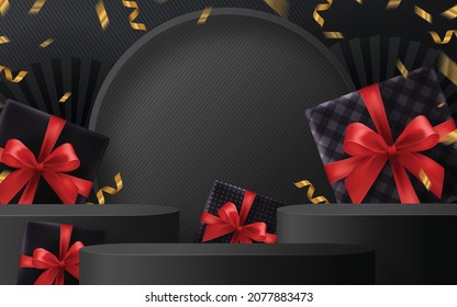 Black Friday round podium gift box, red ribbon and gold  Floating Ribbon with craft style on background.