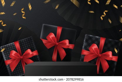 Black Friday round podium gift box, red ribbon and gold  Floating Ribbon with craft style on background.