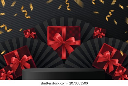 Black Friday round podium gift box, red ribbon and gold  Floating Ribbon with craft style on background.