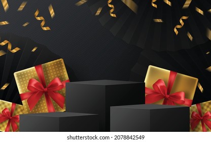 Black Friday round podium gift box, red ribbon and gold  Floating Ribbon with craft style on background.