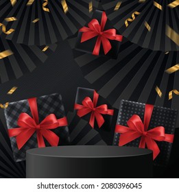 Black Friday round podium gift box, red ribbon and gold  Floating Ribbon with craft style on background.