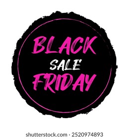 Black Friday round sticker isolated on transparent background. Black Friday vintage grunge promotional tag in pink, white, black color. Vector