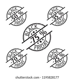 Black Friday rubber stamp icon set percent discounts  on white background. Illustration