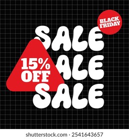 Black Friday sale 15% off. Fifteen percent off banner template design with black background and red shapes, eye catching. Holiday promotions and discounts. Vector illustration.