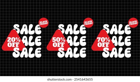 Black Friday venda 20% 50% 70% de desconto. Vinte e cinquenta por cento de design de modelo de banner com fundo preto e formas vermelhas. Promoções de férias e descontos. Ilustração vetorial.