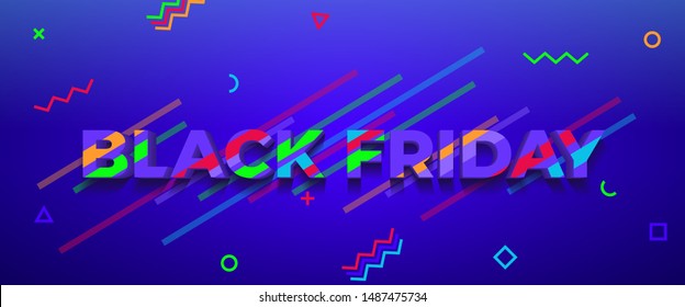 Black friday sale 2019. Sale and discounts banner. Blue background with colored lines. Fluid gradient shapes composition. Liquid color background design. Colored vector illustration in neon colors