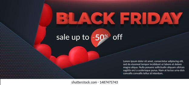 Black friday sale 2019, limited offer. Beautiful discount and promotion banner. 3d inscription, ribbons and red balloons on a dark background. Social media web banner for shopping, promotion
