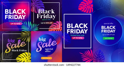 Black friday sale 2019 Set of vector banners. Promotion template for website, social media. Banners with tropical plants, monsters and orchids. Colored vector illustration in neon, fluorescent colors