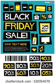 Black Friday Sale! 25 November Icon Set with Discount Percentages (Flat Style Vector Illustration Poster Design) With Text Box Template