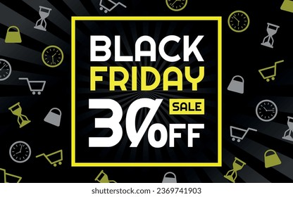Black Friday Sale 30% off Creative Advertising Banner, Black, White and Yellow, Radial Background, Shop and Limited Time Icons