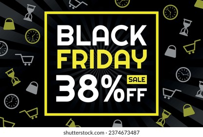 Black Friday Sale 38% off Creative Advertising Banner, Black, White and Yellow, Radial Background, Shop and Limited Time Icons