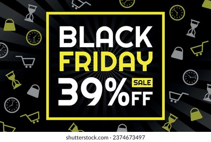 Venta de viernes negro 39% de Banner de publicidad creativa, negro, blanco y amarillo, fondo radial, tienda e iconos de tiempo limitado