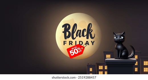 Venda de Black Friday. 3D gato preto no espírito contra o fundo da noite cidade e luar. Texto de anúncio manuscrito. Banner para descontos publicitários, promoções e vendas. Vetor