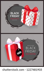 Black Friday sale 3D gift boxes with price tags. Special offer up to 70 percent off label. Present wrapped in decorative paper, topped by bow, vector badges