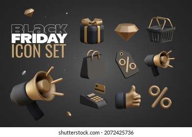 Black Friday sale 3d icon set in black color with golden elements on black background for banner or flyer design. Vector illustration 