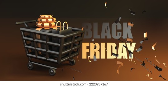 Black Friday Sale 3d illustration. Realistic black gifts box in black shopping cart with confetti. Golden text lettering.