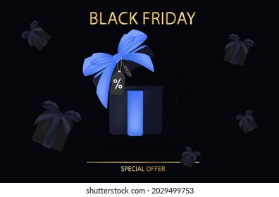Black Friday sale 3d. Open box. Big special offer promotion, advertising, loyalty program. Coupon, tag, with a percentage of the price reduction. Gift box with bow. Golden Black Friday. Vector 