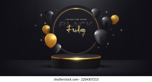 Black friday sale with 3d realistic pedestal podium and flying glossy balloons in dark background luxury display presentation